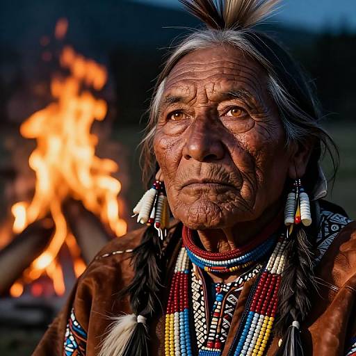 Photograph of an elderly Native American woman with deep wrinkles, long gray hair in braids, adorned with colorful bead necklaces, and white feather earrings