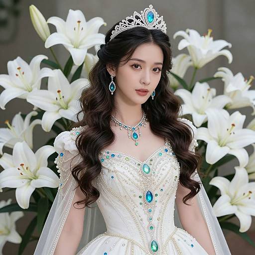 Photograph of an Asian woman with long, wavy black hair wearing a white, bejeweled tiara and gown, adorned with blue jewels