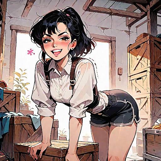 Smug Girl in Warehouse with Crate