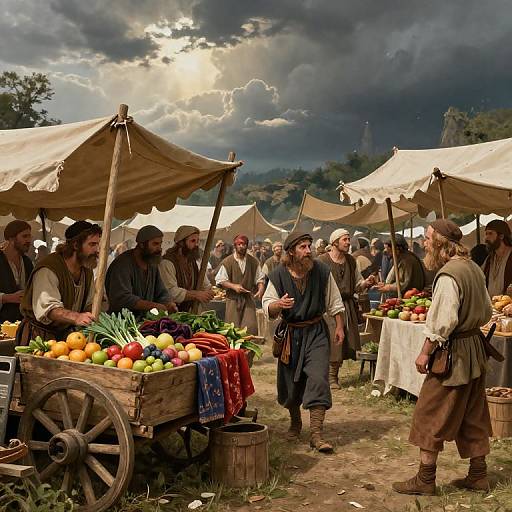 Medieval market scene: Men in rustic clothing haggle over colorful vegetables under beige tents, with a cloudy sky and sun peeking through. Digital