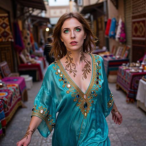 Photograph of a fair-skinned woman with green eyes, wearing a turquoise, gold-embroidered, deep V-neck dress, standing in a