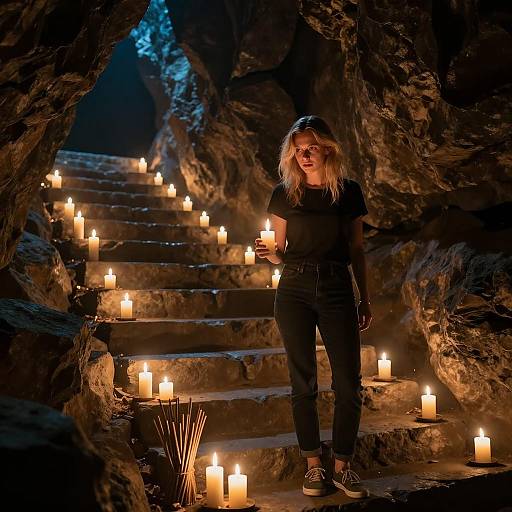 Blonde Woman Lights Candles in Cave