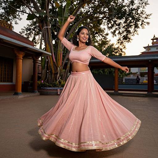 Photograph of a smiling Indian woman in a pink traditional lehenga and crop top, dancing outdoors with trees and buildings in the background at sunset.