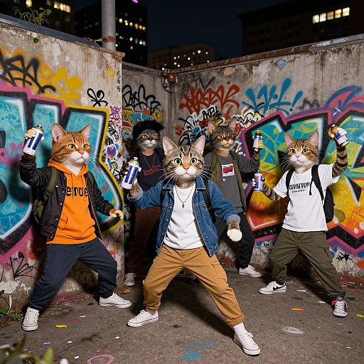 Photograph of five anthropomorphic tabby cats in streetwear, holding cans, posing in a graffiti-covered urban alley at night.