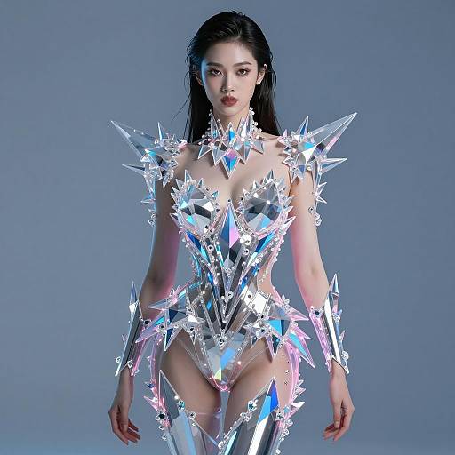 Futuristic Woman in Crystalline Neon Outfit