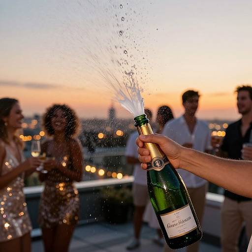 Photograph of a hand spraying champagne from a Veuve Clicquot bottle at a rooftop sunset party, with blurred, smiling guests in the background