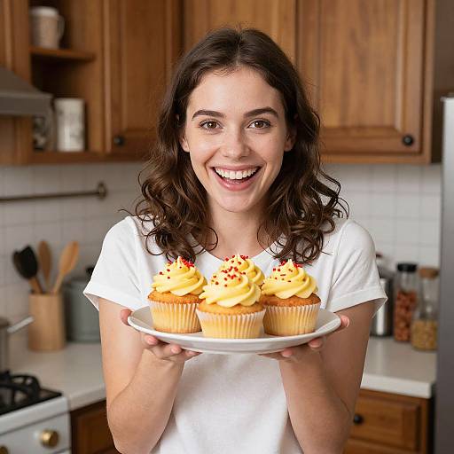 Smiling woman with curly brown hair in white shirt holds plate of three yellow cupcake with red sprinkles in wooden kitchen.