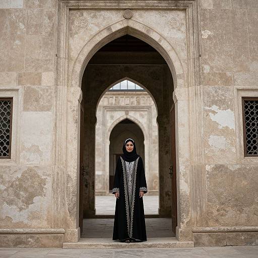 Graceful Woman at Ancient Mosque Entrance