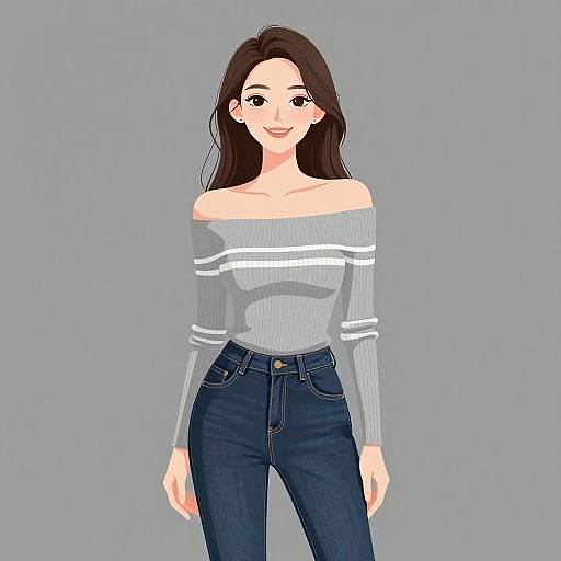 Digital illustration of a smiling woman with long brown hair, wearing an off-shoulder gray sweater with white stripes and high-waisted blue jeans,