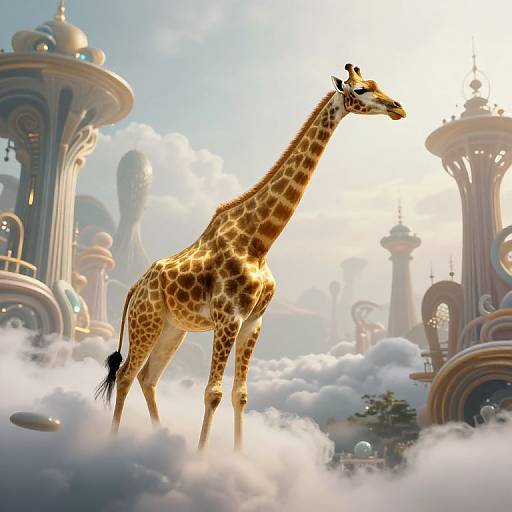 Digital artwork of a giraffe standing on a fluffy cloud, surrounded by futuristic, ornate, dome-like buildings in a bright, sunlit sky.
