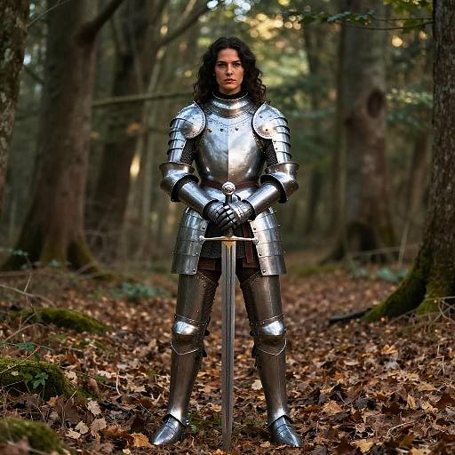 Photograph of a young man with long black hair in full medieval silver armor, standing in a forest with fallen leaves, holding a sword upright in front