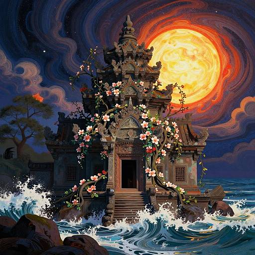 Digital painting of a Hindu temple engulfed by ocean waves, adorned with white flowers, illuminated by a fiery, swirling sun in a dark, stormy