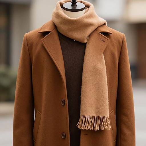 Photograph of a brown wool coat with large lapels, black knit sweater, and beige scarf with fringe, displayed on a black mannequin in