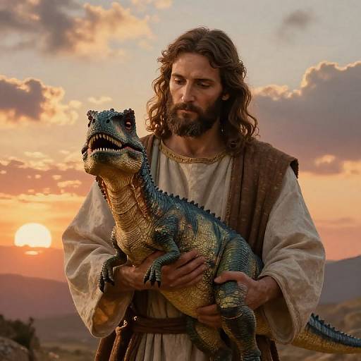 Jesus Caring for Dinosaur at Sunrise