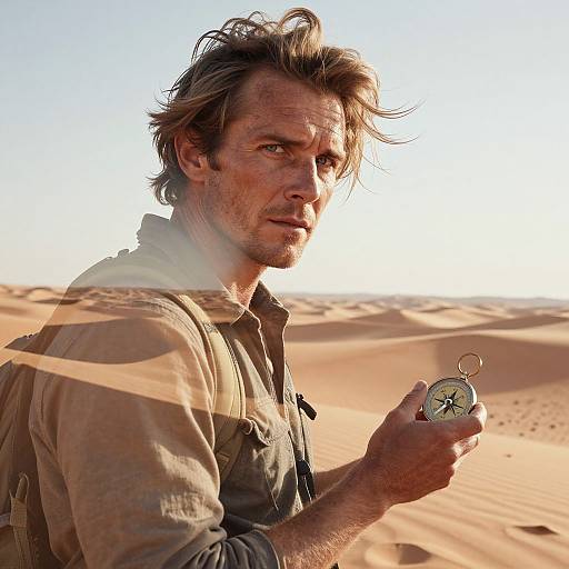 Photograph of a rugged, dirty-faced man with disheveled brown hair holding a vintage compass in a sunlit, sandy desert.