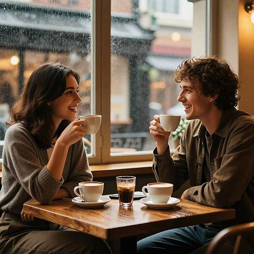 Photograph of a smiling couple, both holding white coffee cups, seated at a wooden table in a cozy, rainy café with blurred urban background.