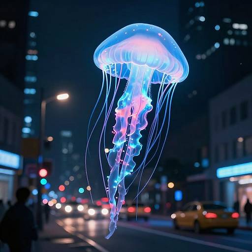Photograph of a glowing blue and pink jellyfish floating in a neon-lit urban street at night, with blurred city lights and traffic in the background