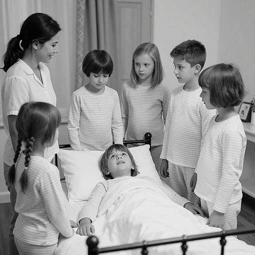 Children in Pajamas Around Bed with Caregiver