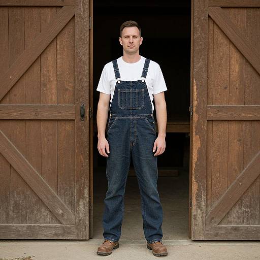 Man in Overalls by Barn Door