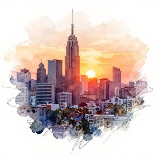 Photograph of a cityscape at sunset, featuring the tall skyscraper One World Trade Center, with a vibrant orange and pink sky, and sketch-like