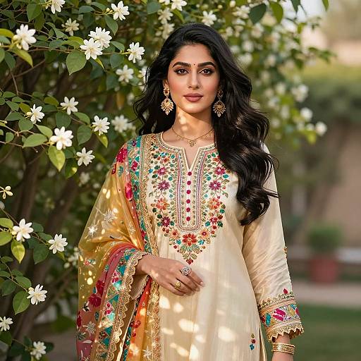 Photograph of a beautiful South Asian woman with long black hair, wearing an ornate gold and cream traditional dress, standing among blooming white flowers,