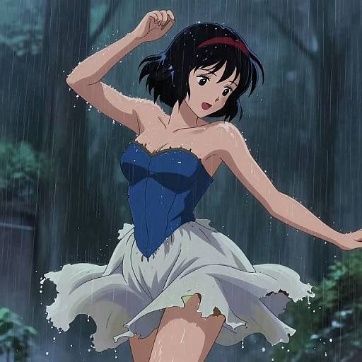 Anime-style drawing of a black-haired girl in a blue strapless top and white skirt dancing in the rain, forest background.