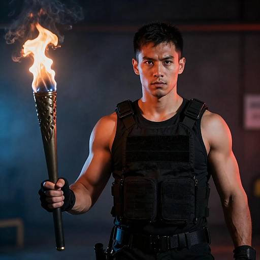 Intense Muscular Man with Flaming Torch