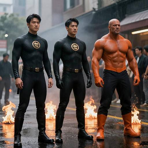 Rainy Urban Superheroes Amid Flames