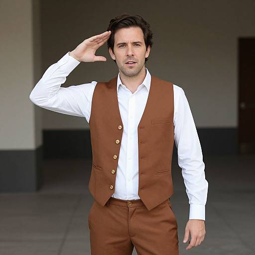 Photograph of a handsome man with dark hair, light skin, wearing a white shirt and brown vest, saluting with his right hand, standing in