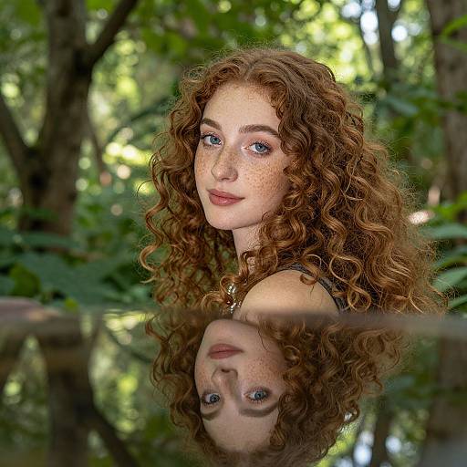 Photograph of a fair-skinned, freckled woman with long, curly red hair, blue eyes, and green forest background, reflected in a