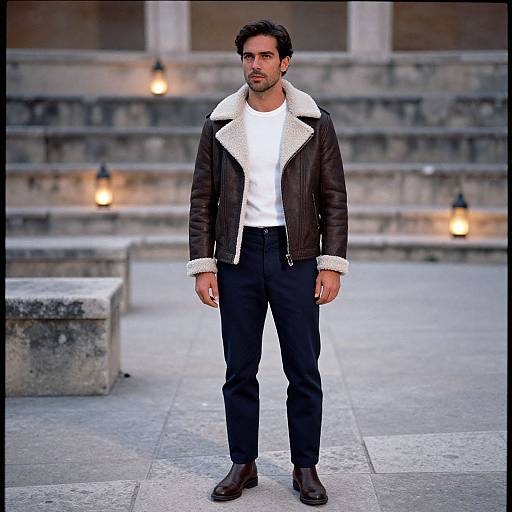 Stylish Man in Shearling at Amphitheater