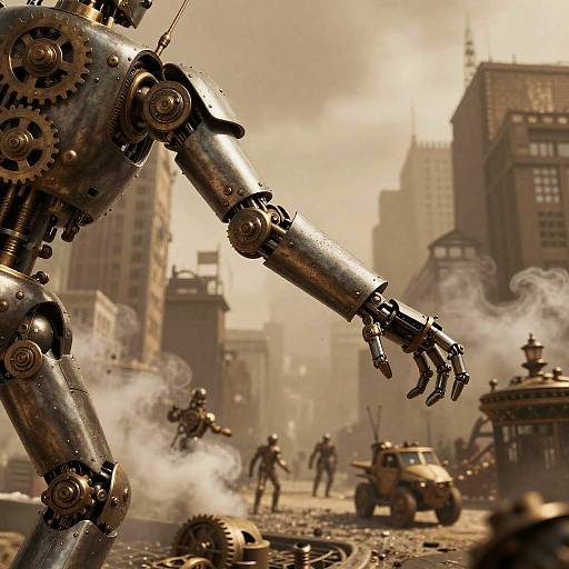 CGI cyberpunk battle scene: metallic robot arm with gears in foreground, smoke-filled urban battlefield, multiple robotic soldiers, and a tank in background.