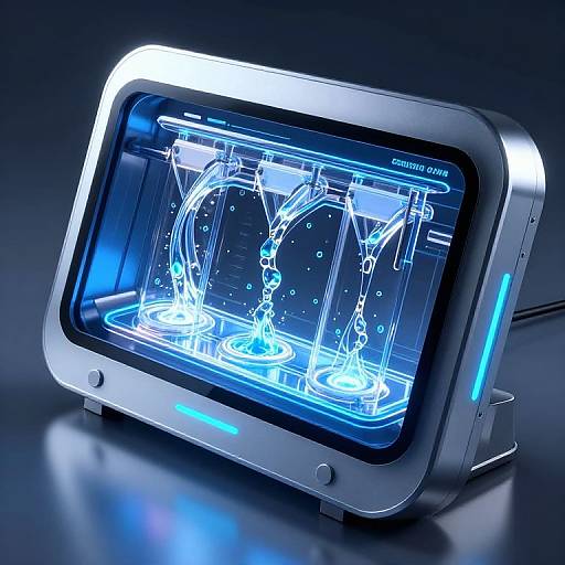 Photograph of a futuristic, glowing blue digital display showing intricate, neon-like electrical circuits and patterns within three glass containers.