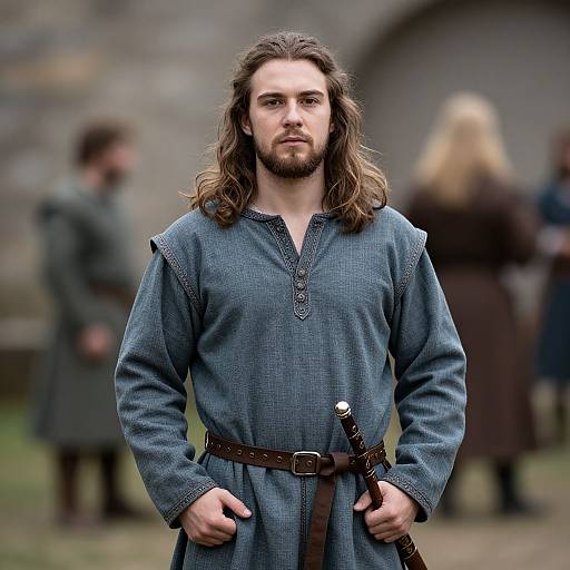 Photograph of a serious, long-haired, bearded man in medieval blue tunic with belt, hands on hips, blurred background of people and stone