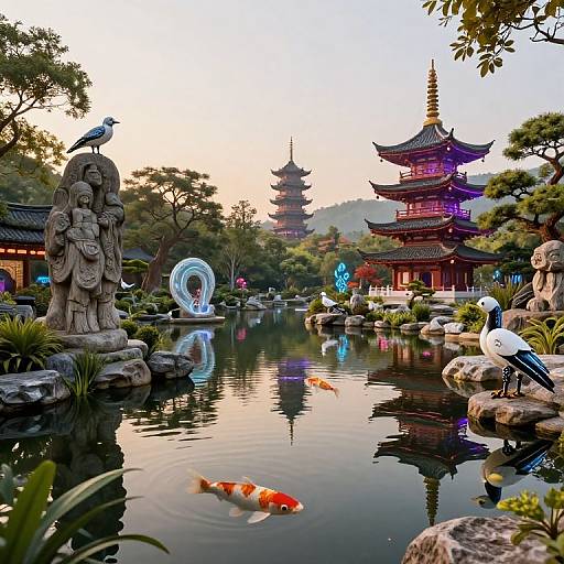Photograph of a serene Japanese garden at sunset, featuring a reflective pond with koi fish, ornate pagodas, stone statues, and colorful