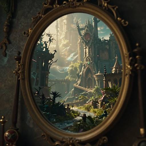 Fantasy castle scene through ornate circular frame, with sunlight filtering through Gothic spires, surrounded by lush greenery and ruins. Digital artwork.