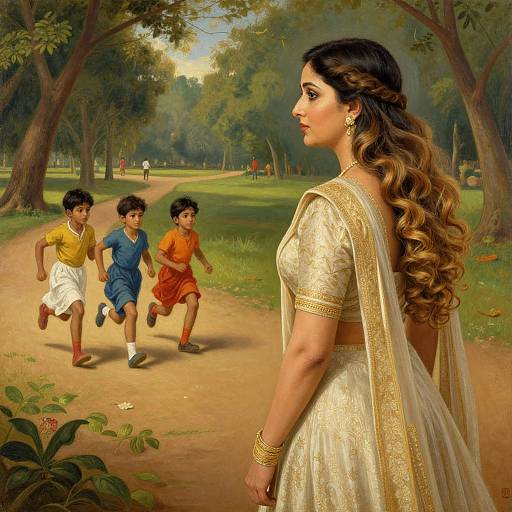 Digital painting of an Indian woman in a white saree watching three boys in colorful shorts running in a sunlit park.