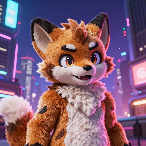 CGI furry fox character with orange and white fur, black ears, and large expressive eyes in a neon-lit cyberpunk cityscape.