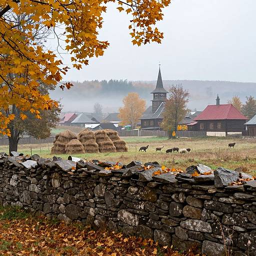 Photograph of a rustic autumn village with stone wall, hay bales, grazing goats, colorful fall leaves, and distant church with pointed steeple