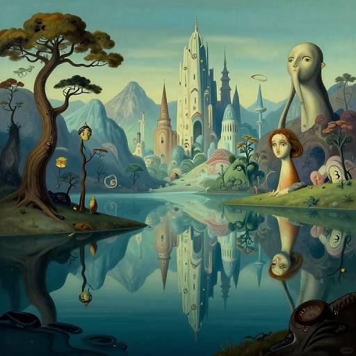 Fantastical digital painting of a surreal castle reflection in a calm lake, surrounded by whimsical trees, faces, and floating lanterns.