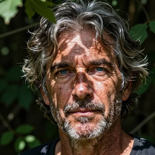 Photograph of a weathered middle-aged man with gray, wavy hair, blue eyes, and a graying beard, sunlight filtering through leaves,