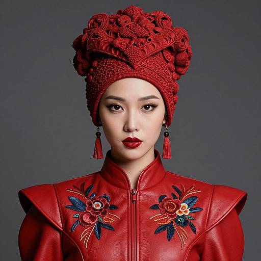 Photograph of an Asian woman with pale skin, red lipstick, and intricate red beaded headdress, wearing a red leather jacket adorned with embroidered flowers