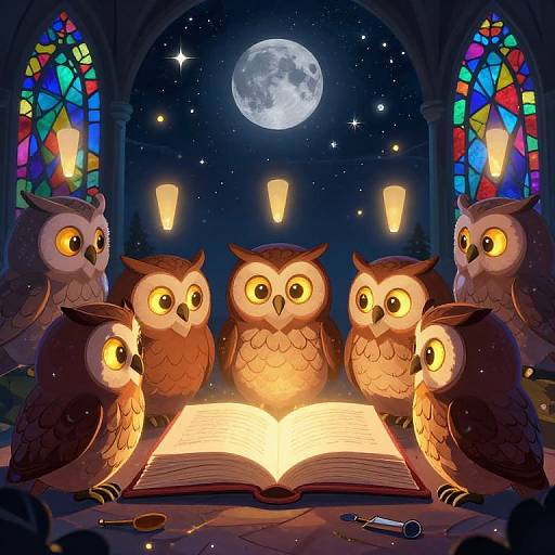 Whimsical Owls Debating Moonlight Ethics