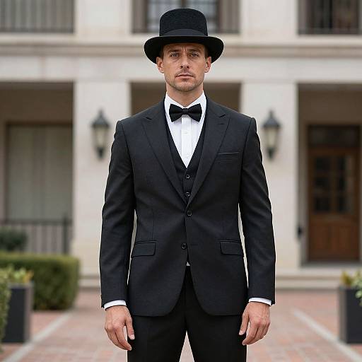 Photograph of a handsome man in a black suit, white shirt, black bow tie, and black top hat, standing in front of a white,