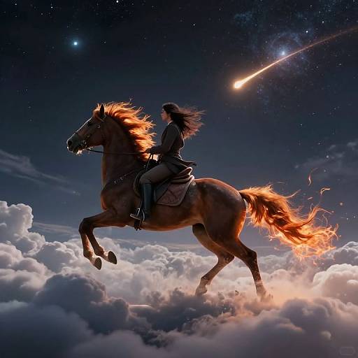 Digital artwork of a silhouetted rider with flowing hair on a fiery-maned horse, soaring through a starry night sky with a shooting star