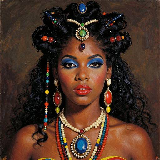 Photorealistic portrait of a dark-skinned woman with vibrant blue eyeshadow, wearing colorful beaded jewelry, intricate headpiece, and red lipstick