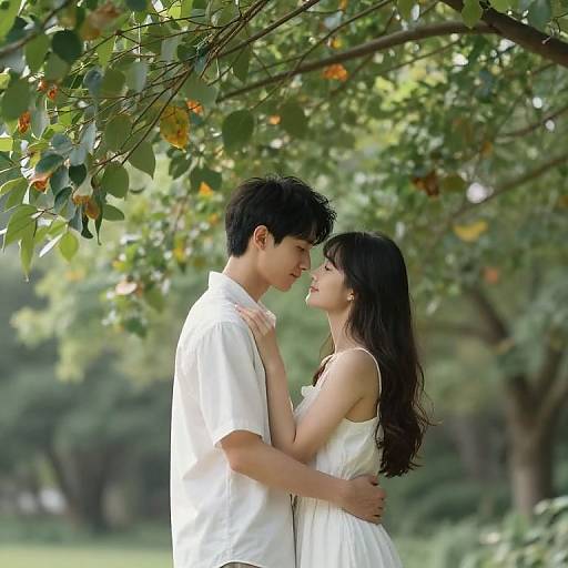Photograph of an Asian couple in a white dress and shirt, standing close under a leafy tree, gazing into each other's eyes, with