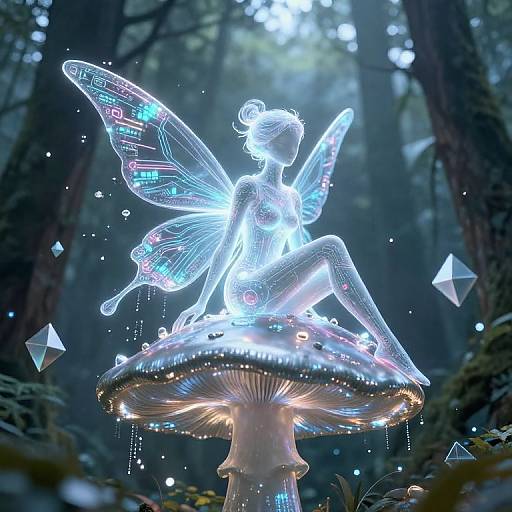 Futuristic AI Fairy on Metallic Mushroom