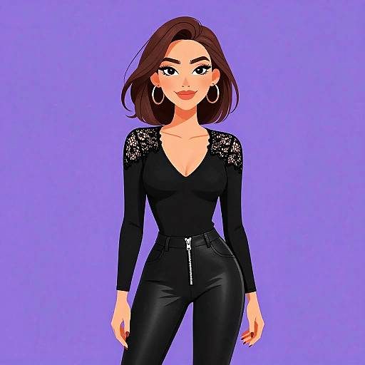 Digital illustration of a confident woman with brown hair, wearing a black lace-trimmed long-sleeve top and black leather pants, against a solid