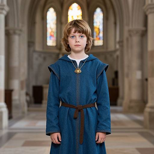 Photograph of a young boy with blue eyes, wearing a blue medieval-style tunic with brown belt, standing in a Gothic cathedral with stained glass windows